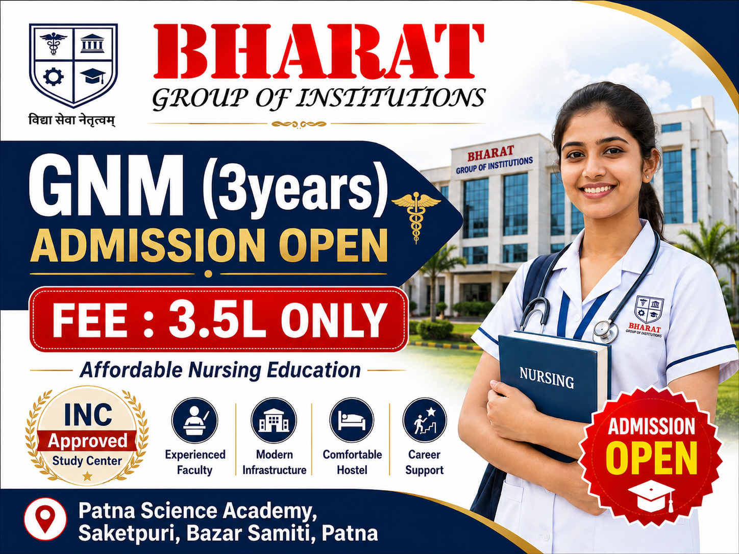 GNM nursing admission open Bharat Group of Institutions