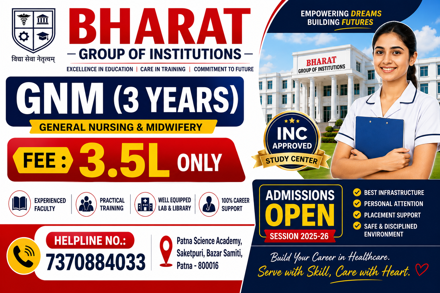 GNM admission banner Bharat Group of Institutions